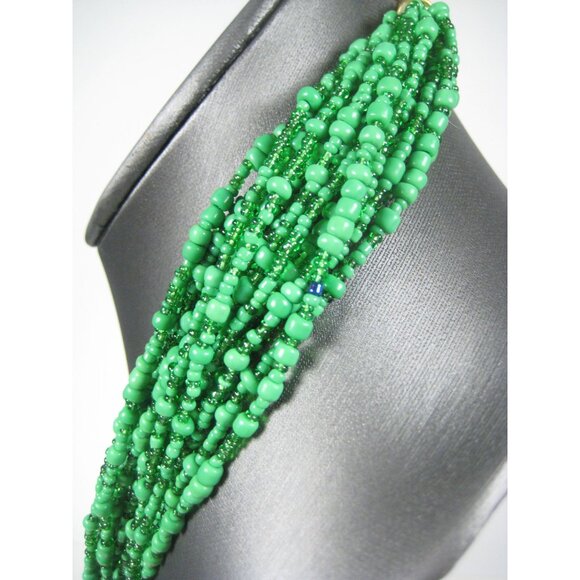 Necklace Glass Beaded Jewelry 22 inch  20 Strands Green Beads Statement - Picture 10 of 12